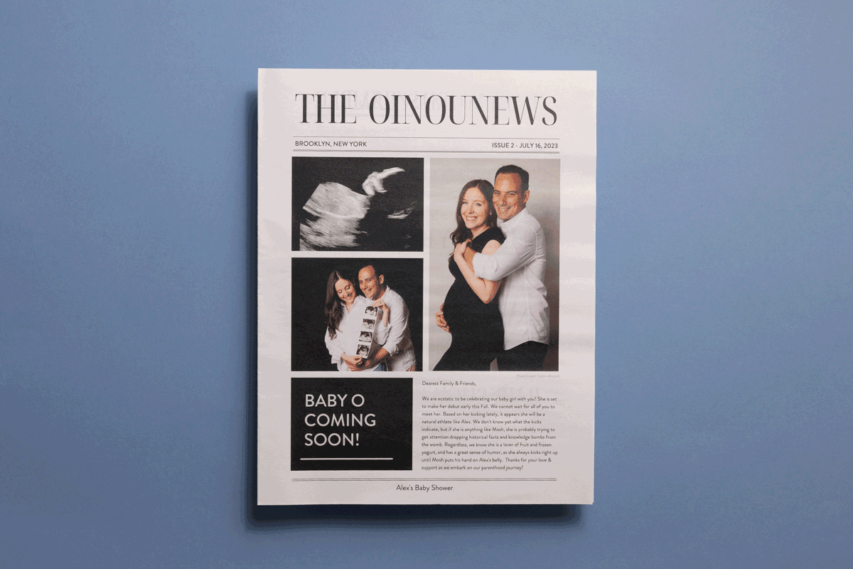 Custom baby shower newspaper designed by Alex Sall. Printed by Newspaper Club.