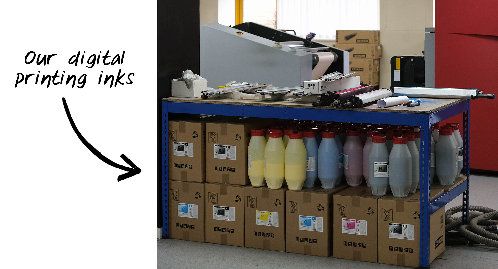 A selection of digital printing inks in CMYK colours.