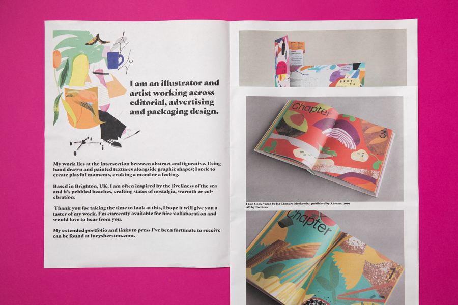 Interior spread from illustrator Lucy Sherston's newsprint portfolio, printed by Newspaper Club