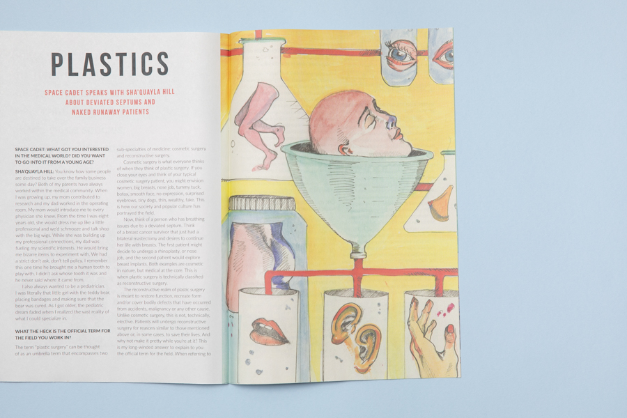 Inside spread from illustrated zine Space Cadet, interview with a Physicians Assistant in a plastic surgery ward. Published by ROBIN SCHEINES & NATALIA OLBINSKI. Printed by Newspaper Club.