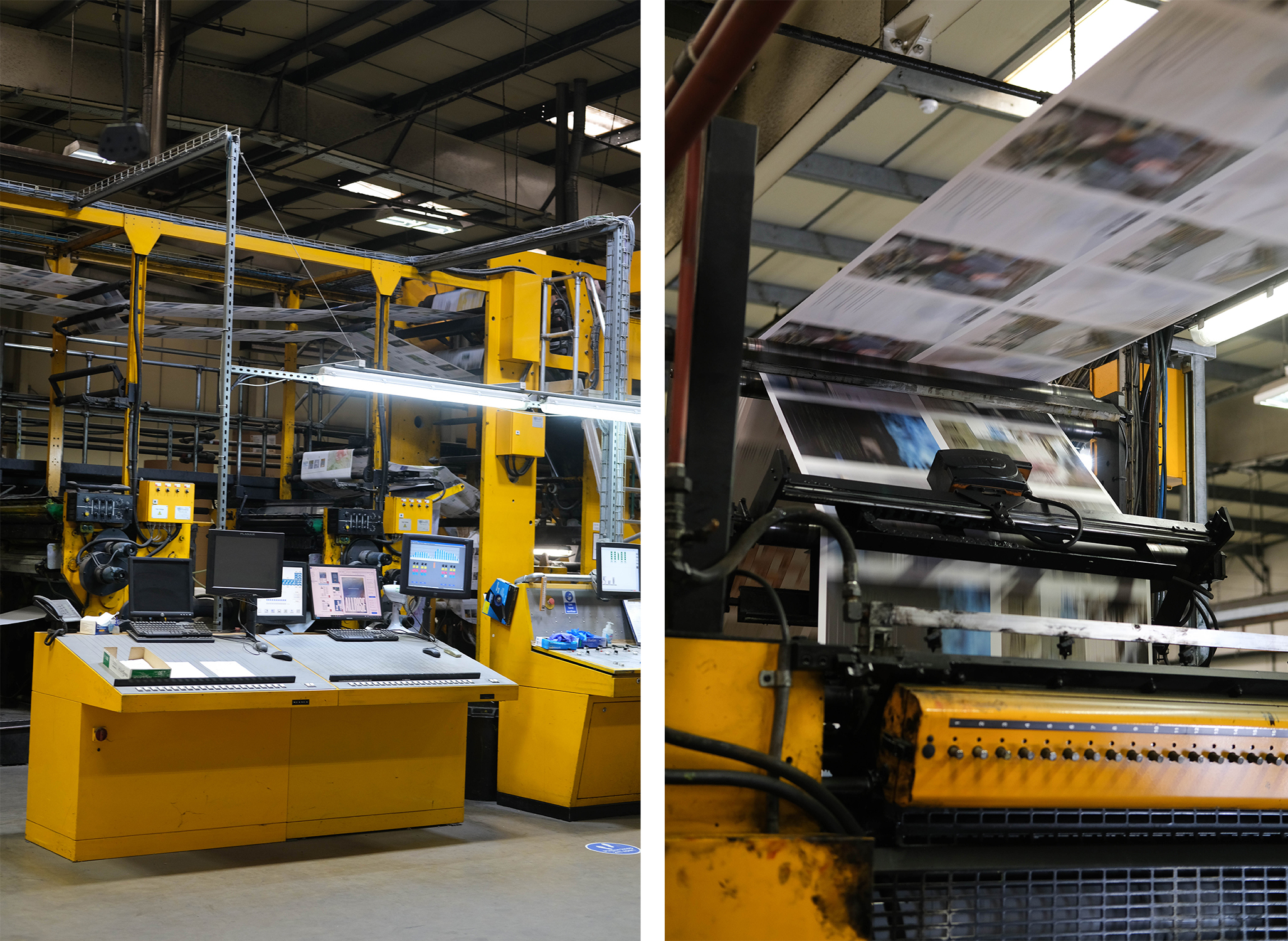 (L): Quality control on Newspaper Club’s newspaper printing press. (R): A newspaper being printed at high speed on Newspaper Club’s newspaper printing press.