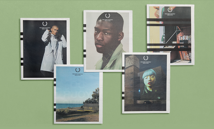 Collaged Fred Perry tabloids on green background